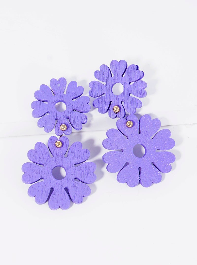 Double Wooden Flower Blooming Drop Earrings