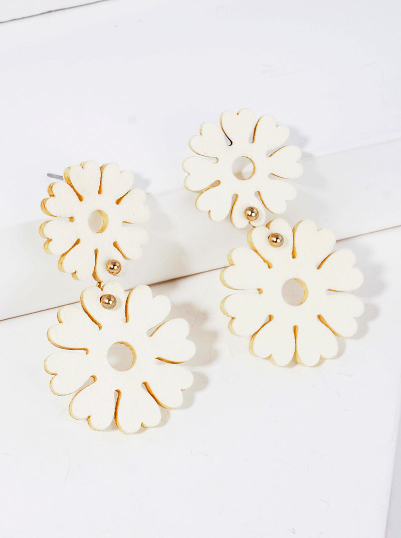 Double Wooden Flower Blooming Drop Earrings