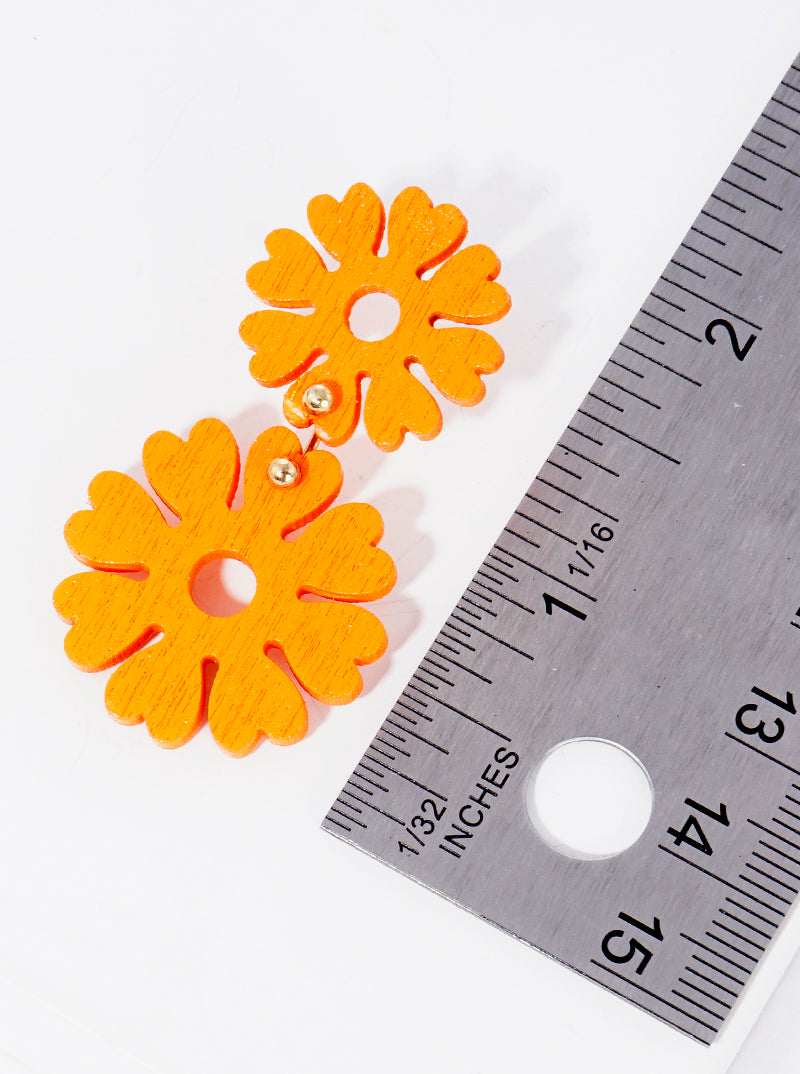 Double Wooden Flower Blooming Drop Earrings