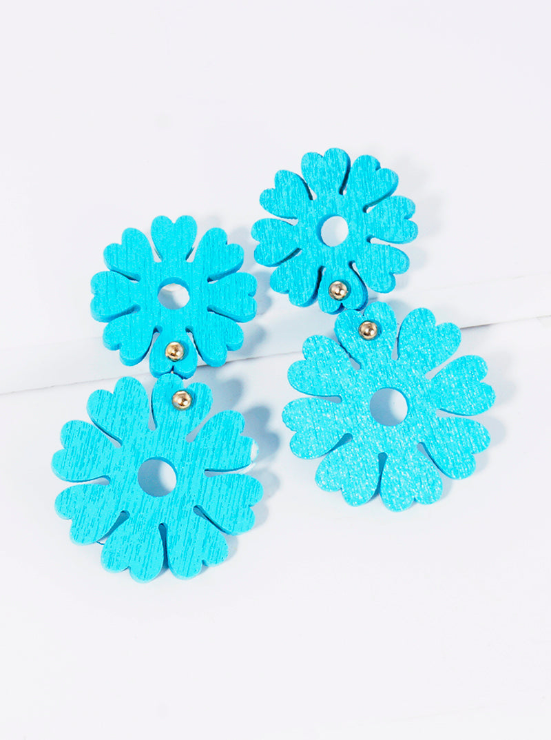 Double Wooden Flower Blooming Drop Earrings