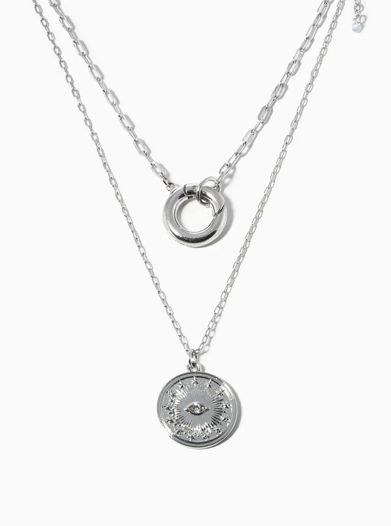 Dual-Layer Round Evil Eye Pendant Necklace