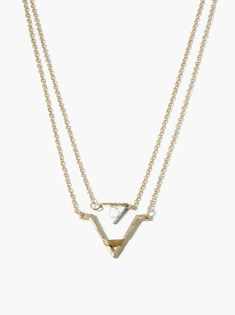 Dual Layer Semiprecious And Cast Chevron Motif Necklace