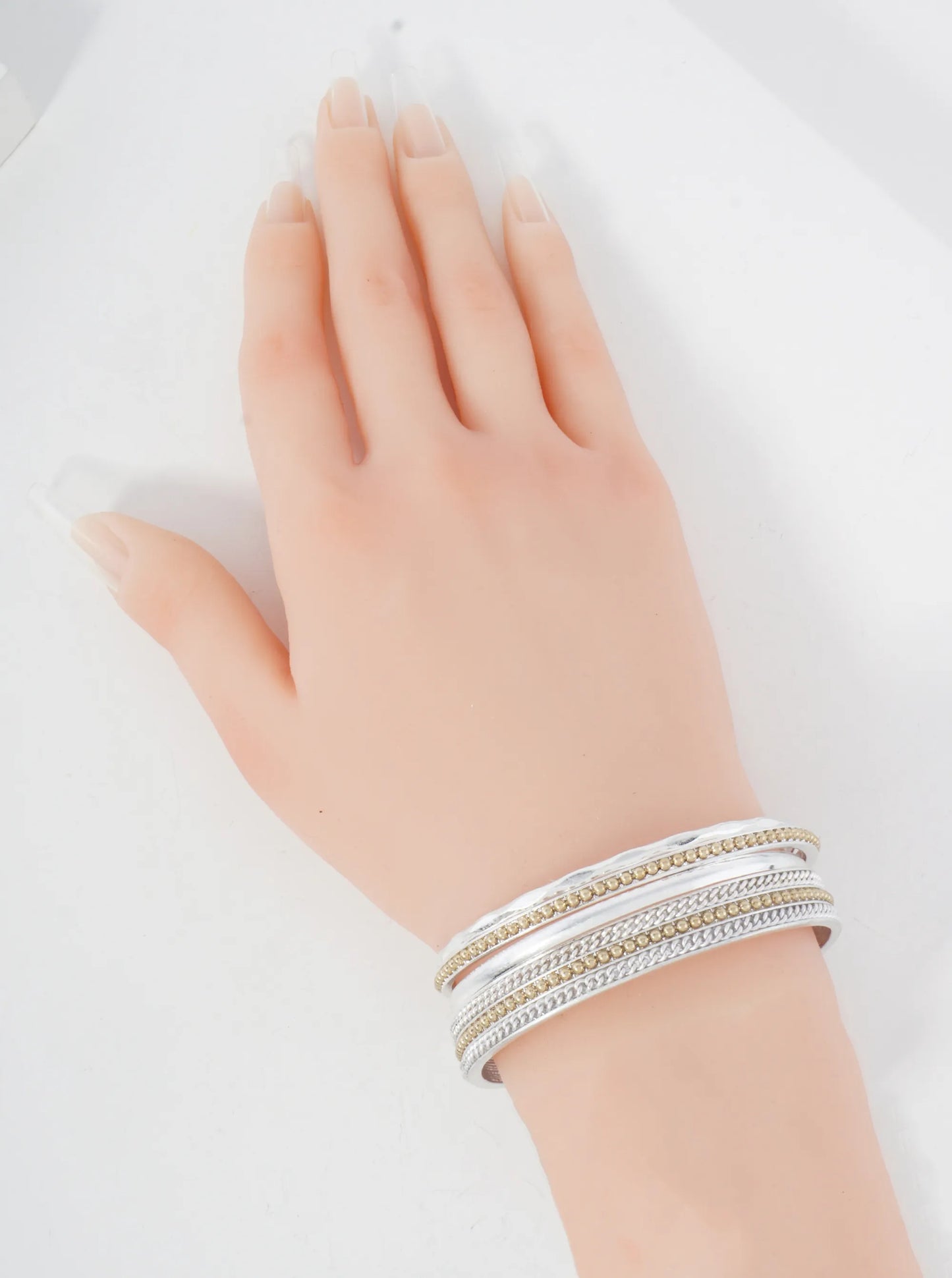 Dual-Tone Chain Ball Textured Layered Metal Open Cuff Bracelet