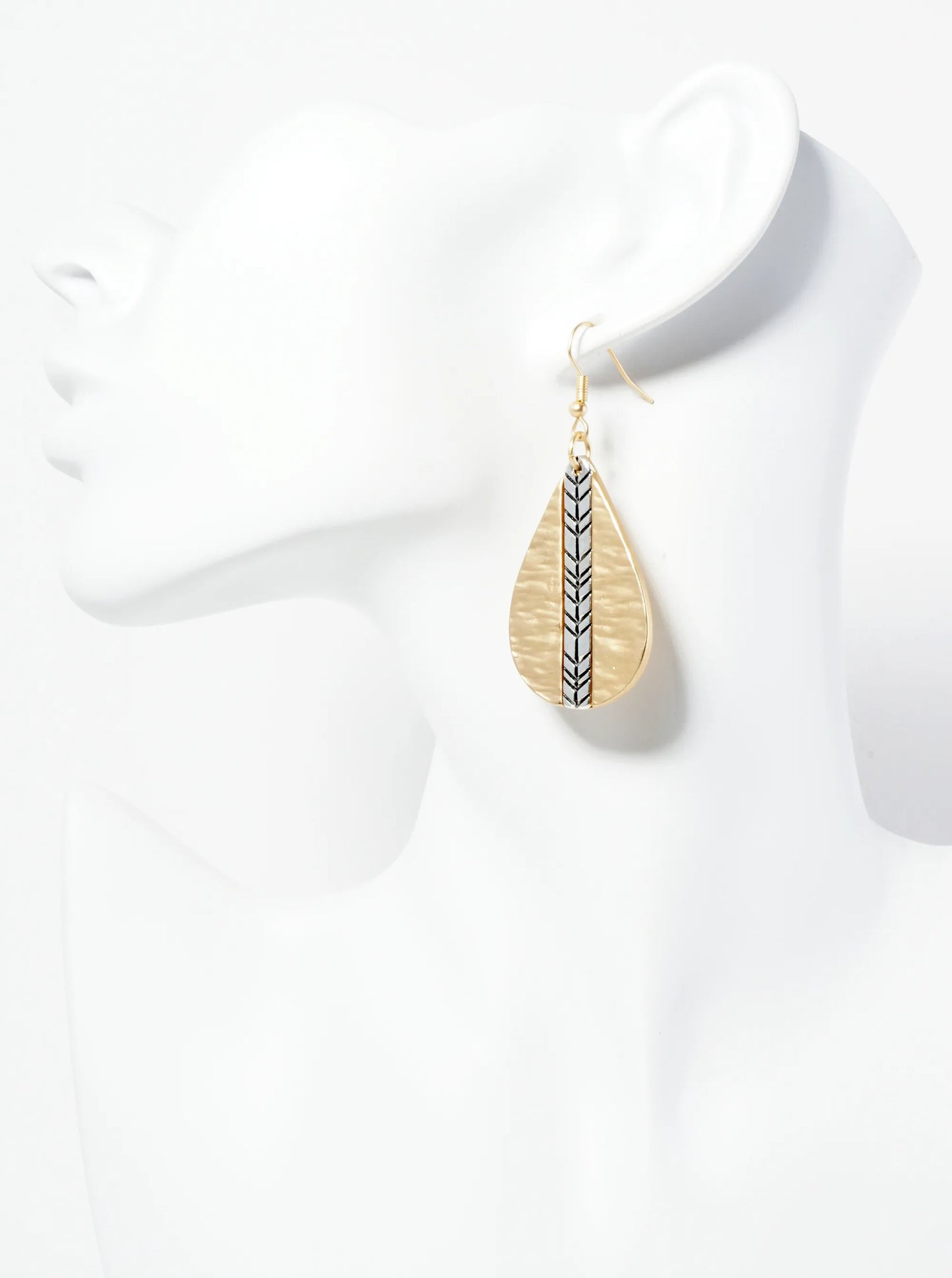Dual-Tone Chevron Engraved Hammered Teardrop Dangle Earrings