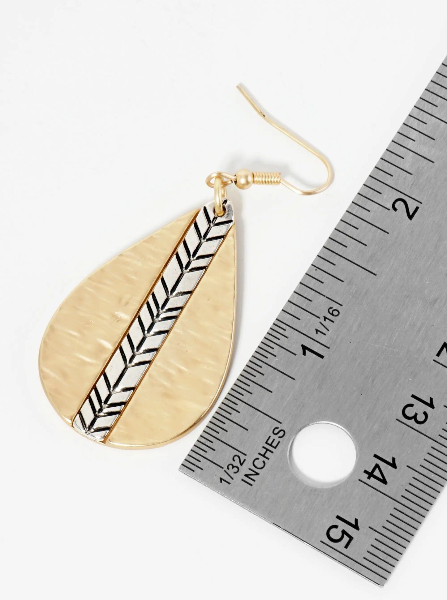 Dual-Tone Chevron Engraved Hammered Teardrop Dangle Earrings