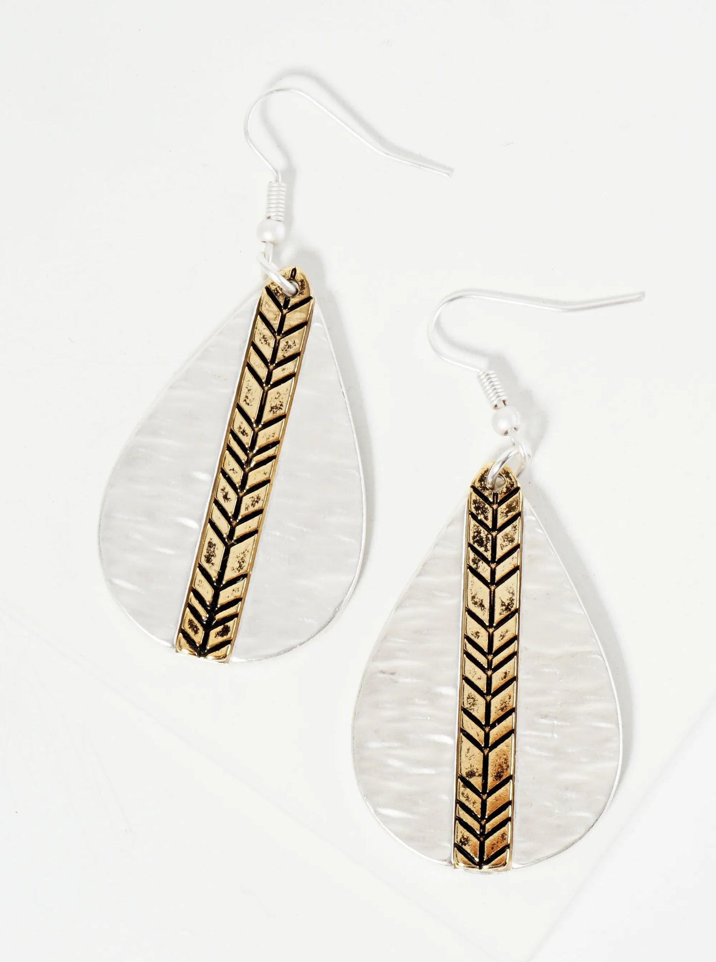 Dual-Tone Chevron Engraved Hammered Teardrop Dangle Earrings