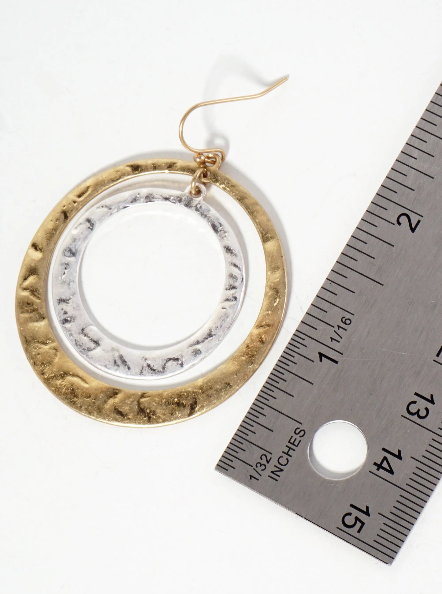 Dual-Tone Hammered-Texture Double Circle Drop Dangle Earrings