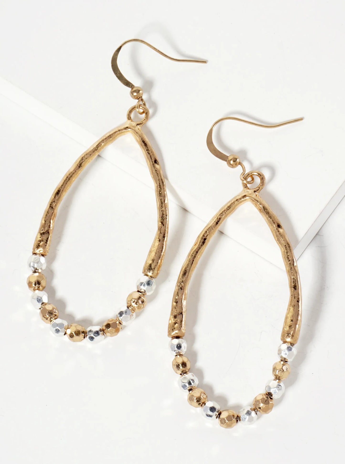 Dual-Tone Hammered-Texture Metallic-Beaded Teardrop Dangle Earrings