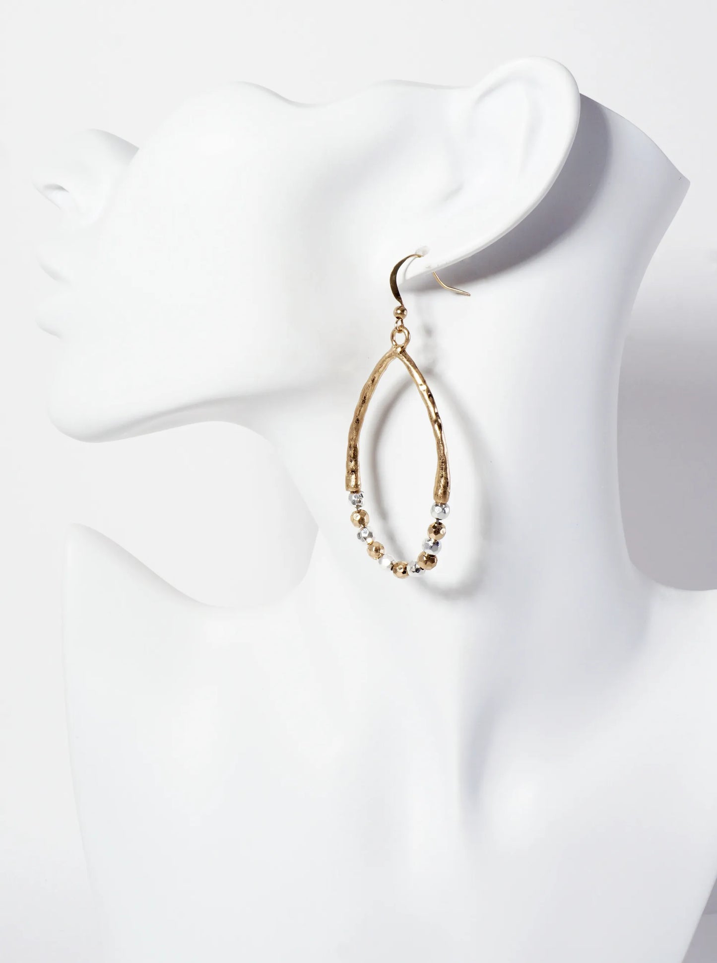 Dual-Tone Hammered-Texture Metallic-Beaded Teardrop Dangle Earrings