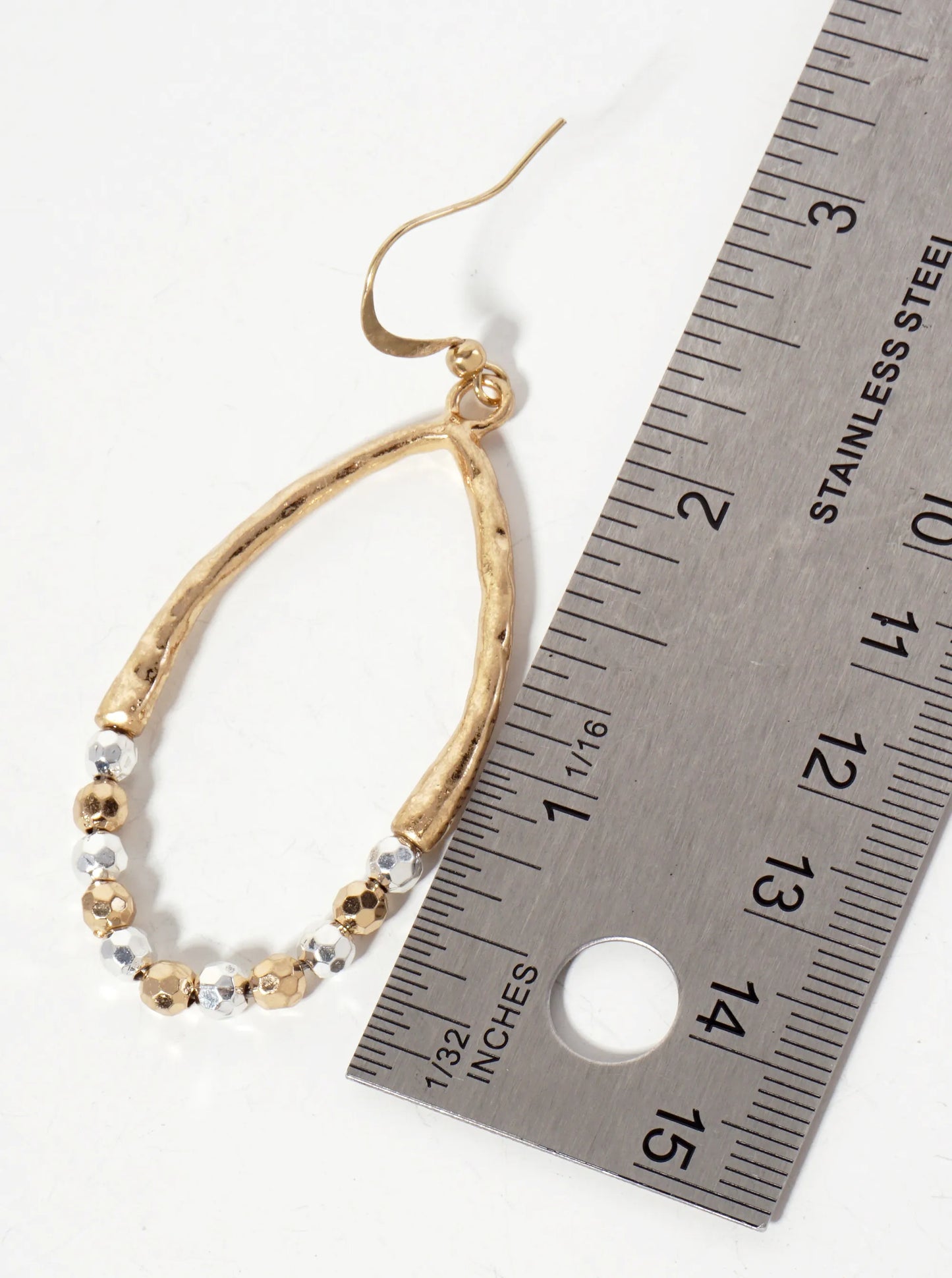 Dual-Tone Hammered-Texture Metallic-Beaded Teardrop Dangle Earrings
