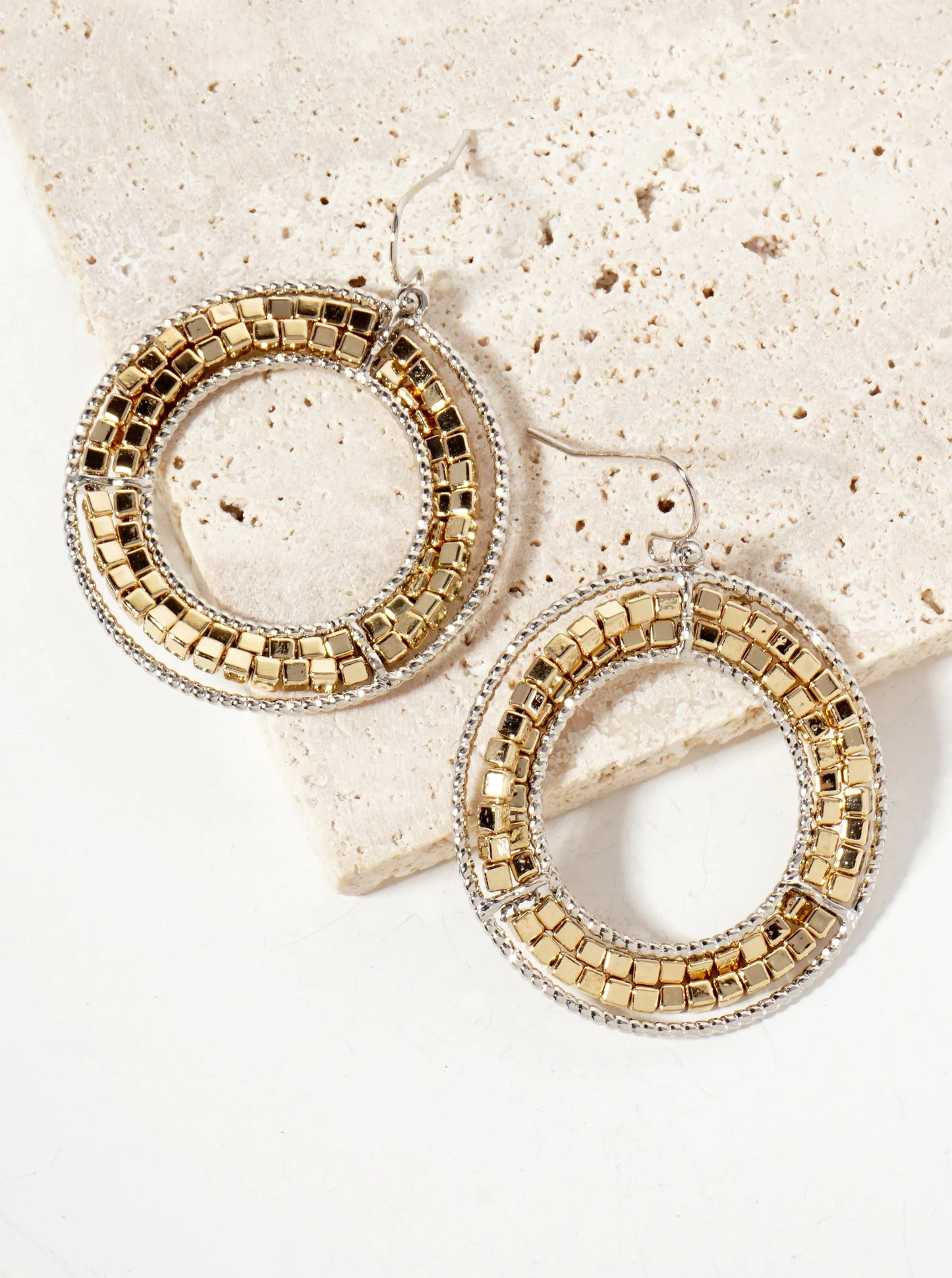 Dual-Tone Metallic-Beaded Circle Drop Earrings