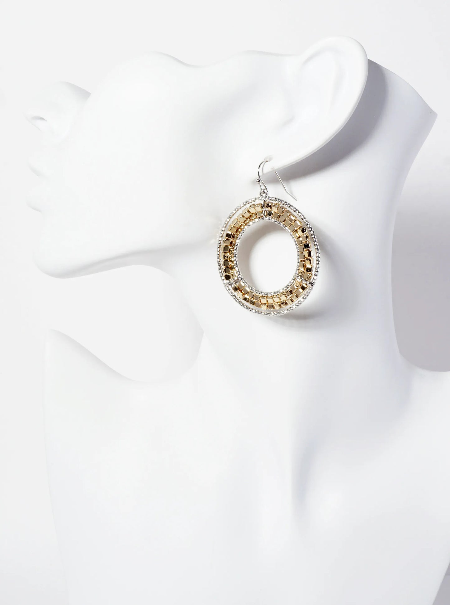 Dual-Tone Metallic-Beaded Circle Drop Earrings
