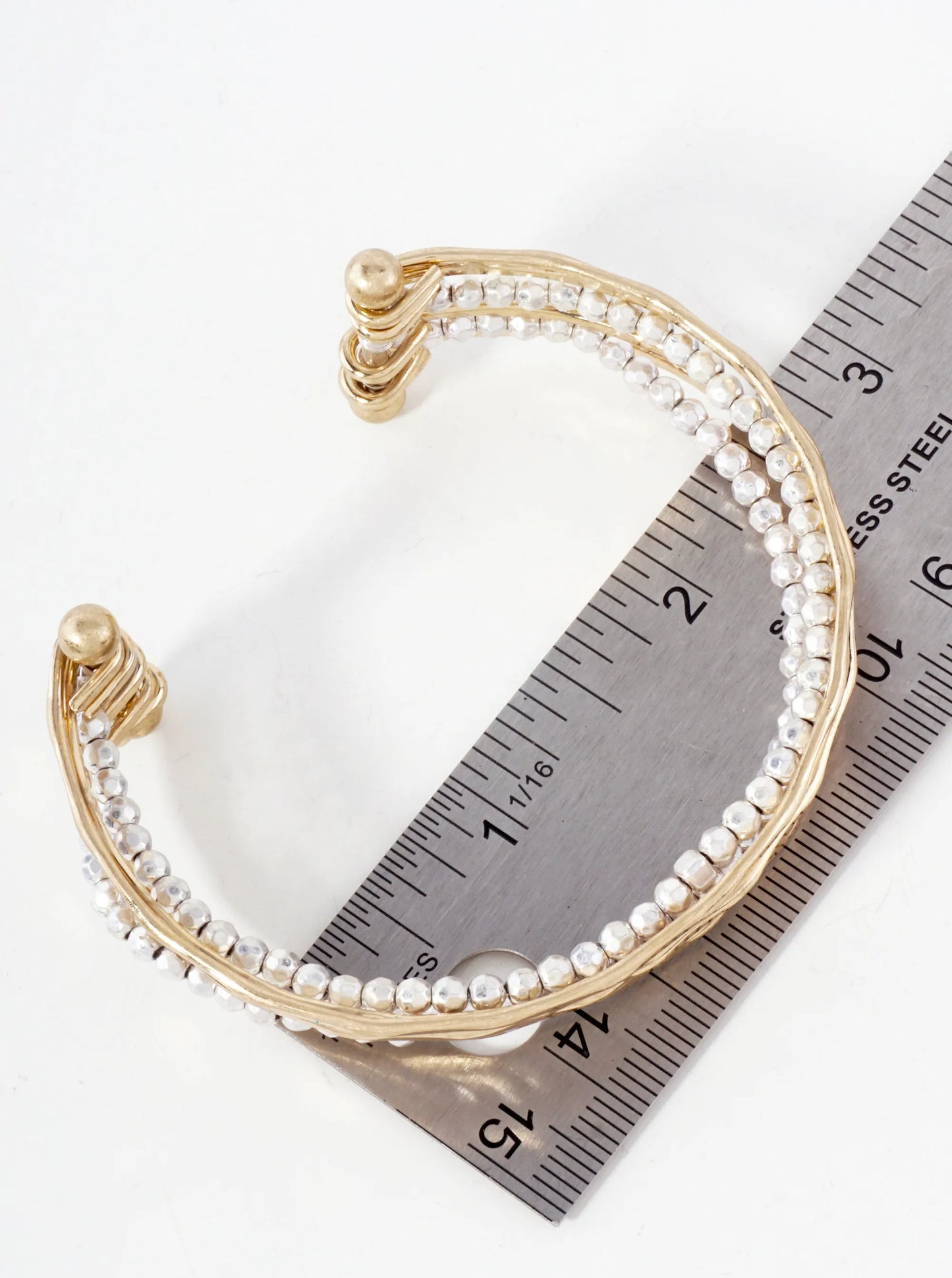 Dual-Tone Metallic-Beaded Multi Layered Open Cuff Bracelet