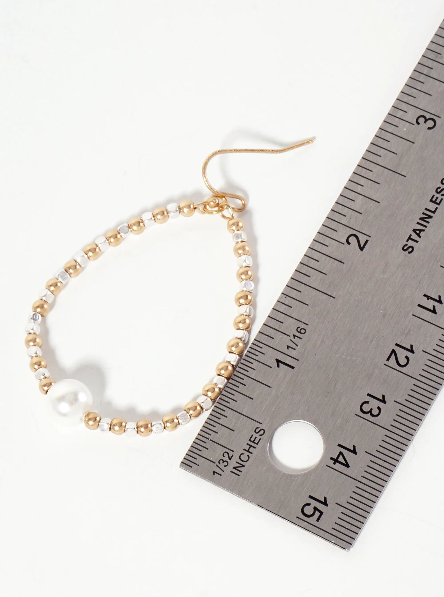 Dual-Tone Metallic-Beaded Wire Teardrop Dangle Earrings With Pearl Accents