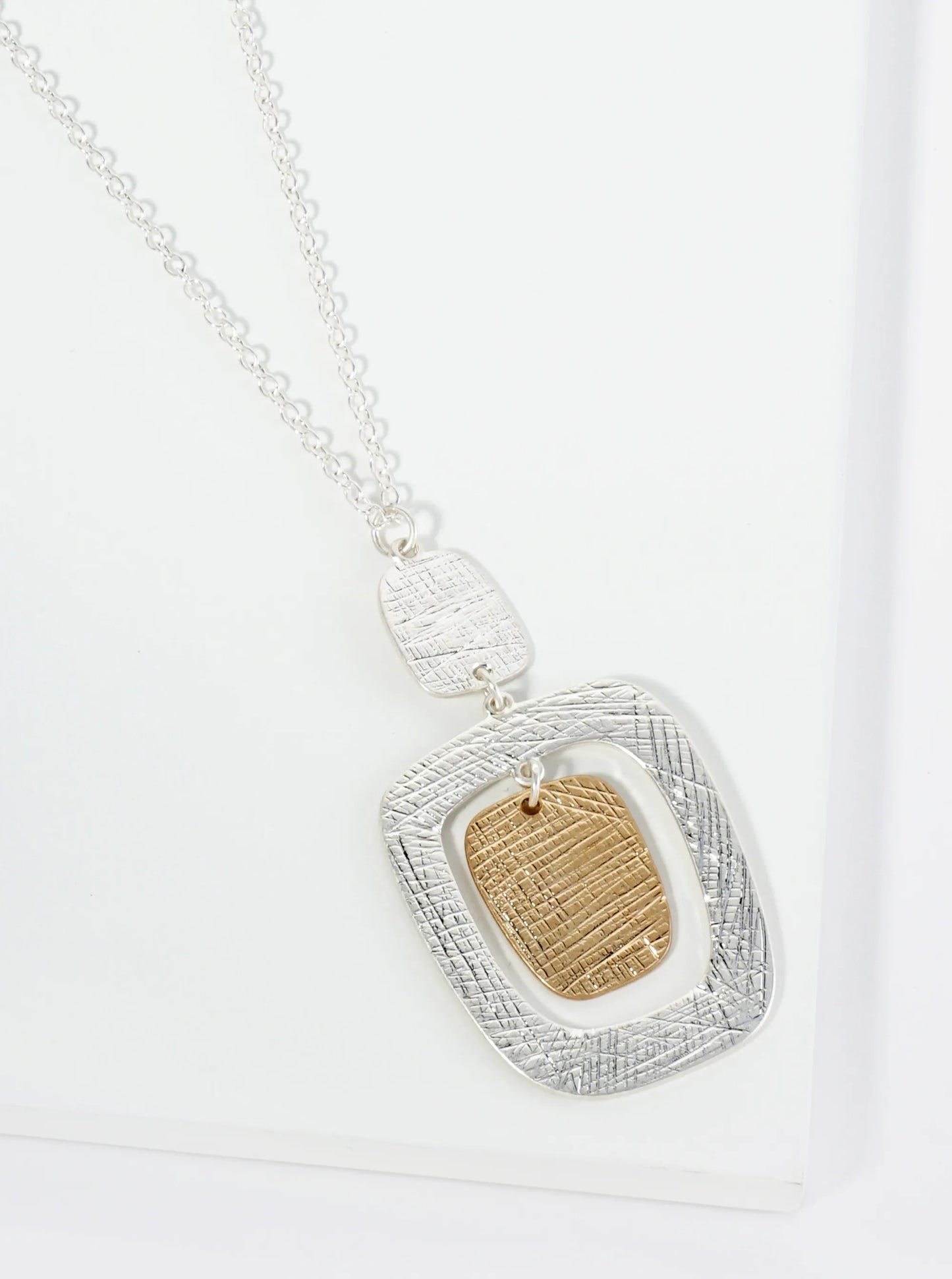Dual-Tone Textured Square Pendant Geometric 32 Inch Long Necklace