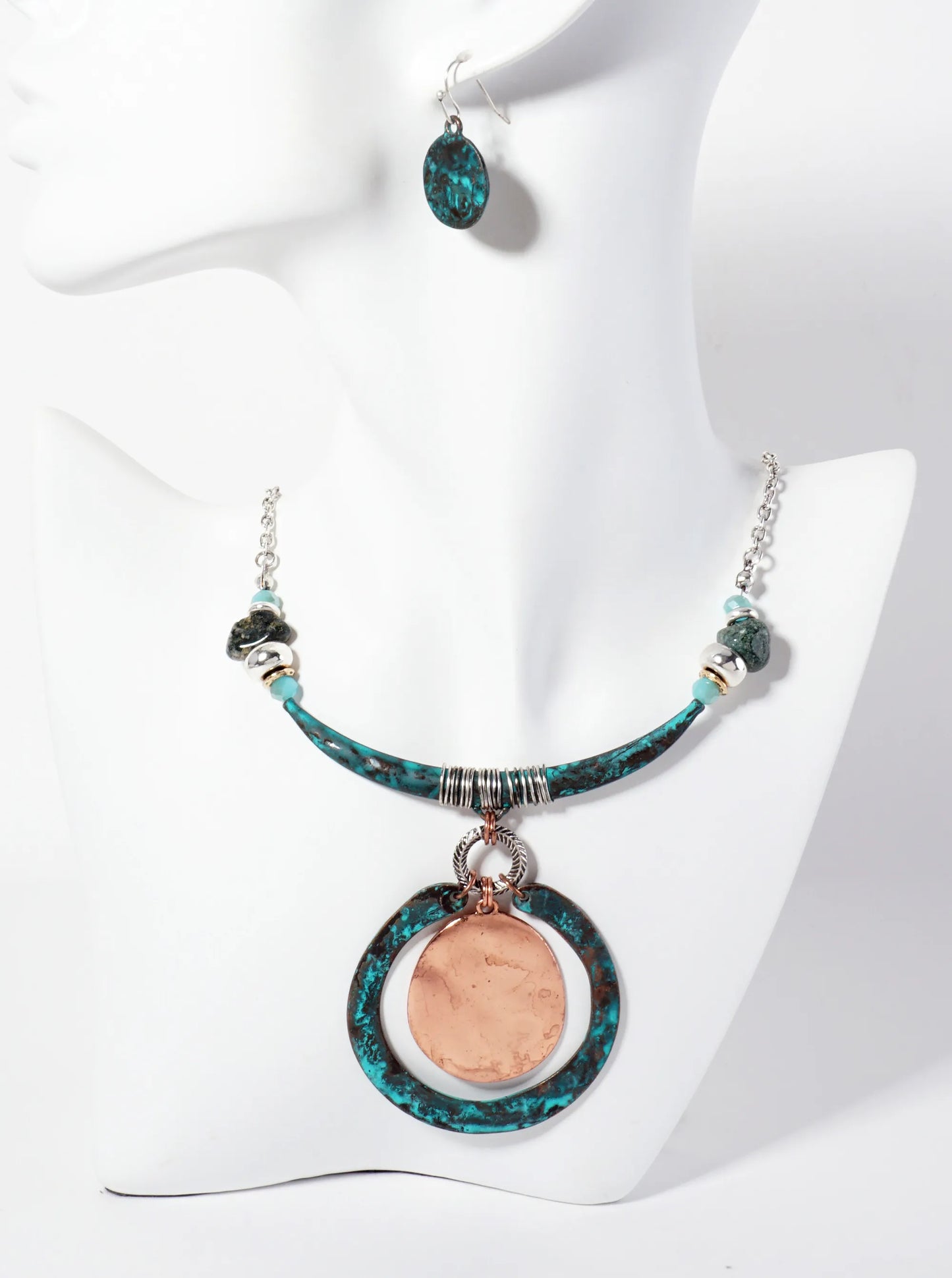 Dual-Tone Wired Curved Bar Double Circle Drop Statement Necklace Set-with-Earrings