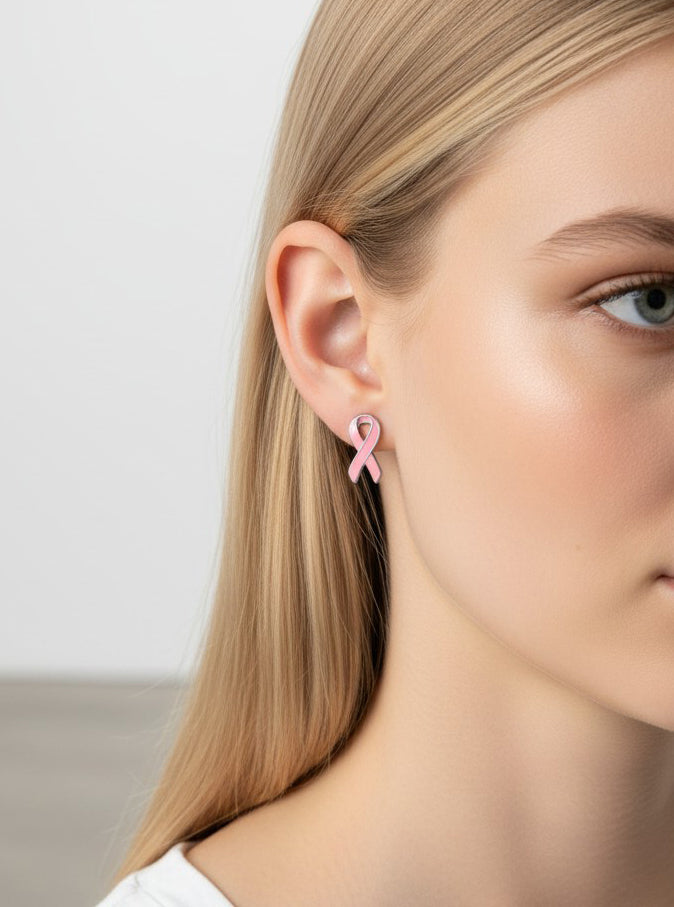 Pink Ribbon Polished Stud Earrings
