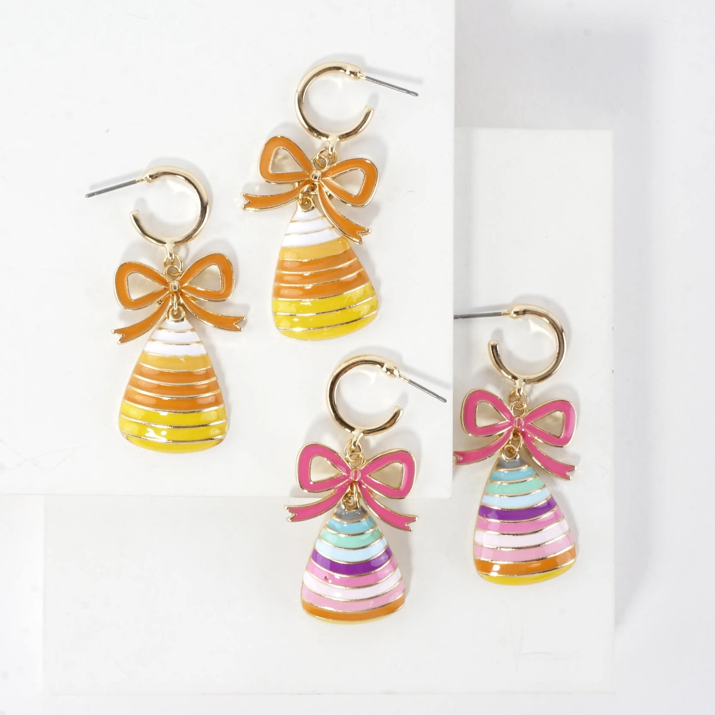Enamel Candy Corn Bow Dangle Hoop Earrings