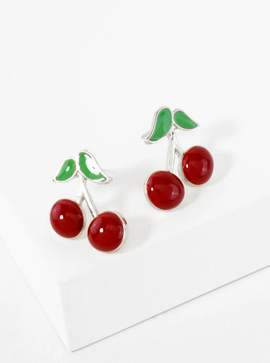 Enamel Filled 20mm Cherry 18K-Gold-Dipped Brass Stud Earrings