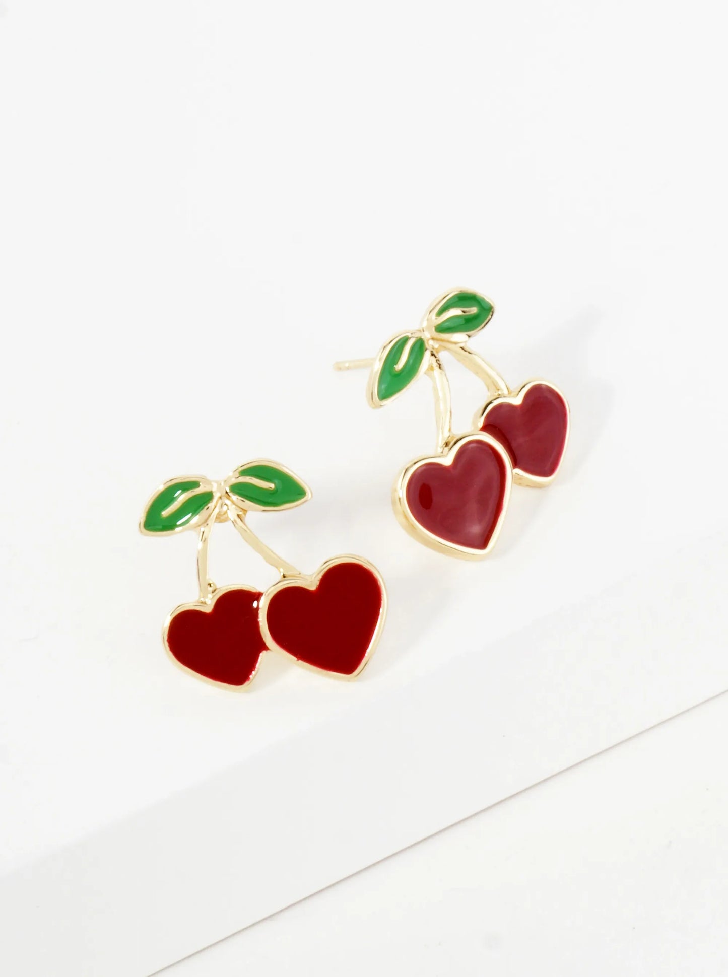 Enamel Filled Flat Heart Cherry 18K-Gold-Dipped Brass Stud Earrings