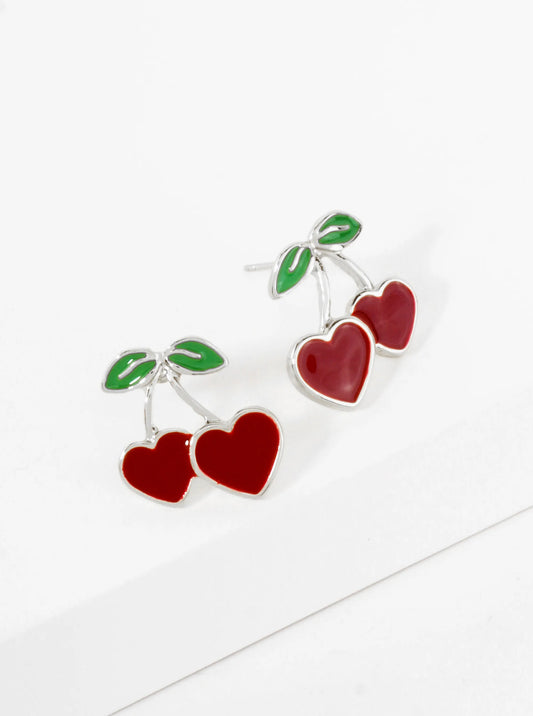 Enamel Filled Flat Heart Cherry 18K-Gold-Dipped Brass Stud Earrings