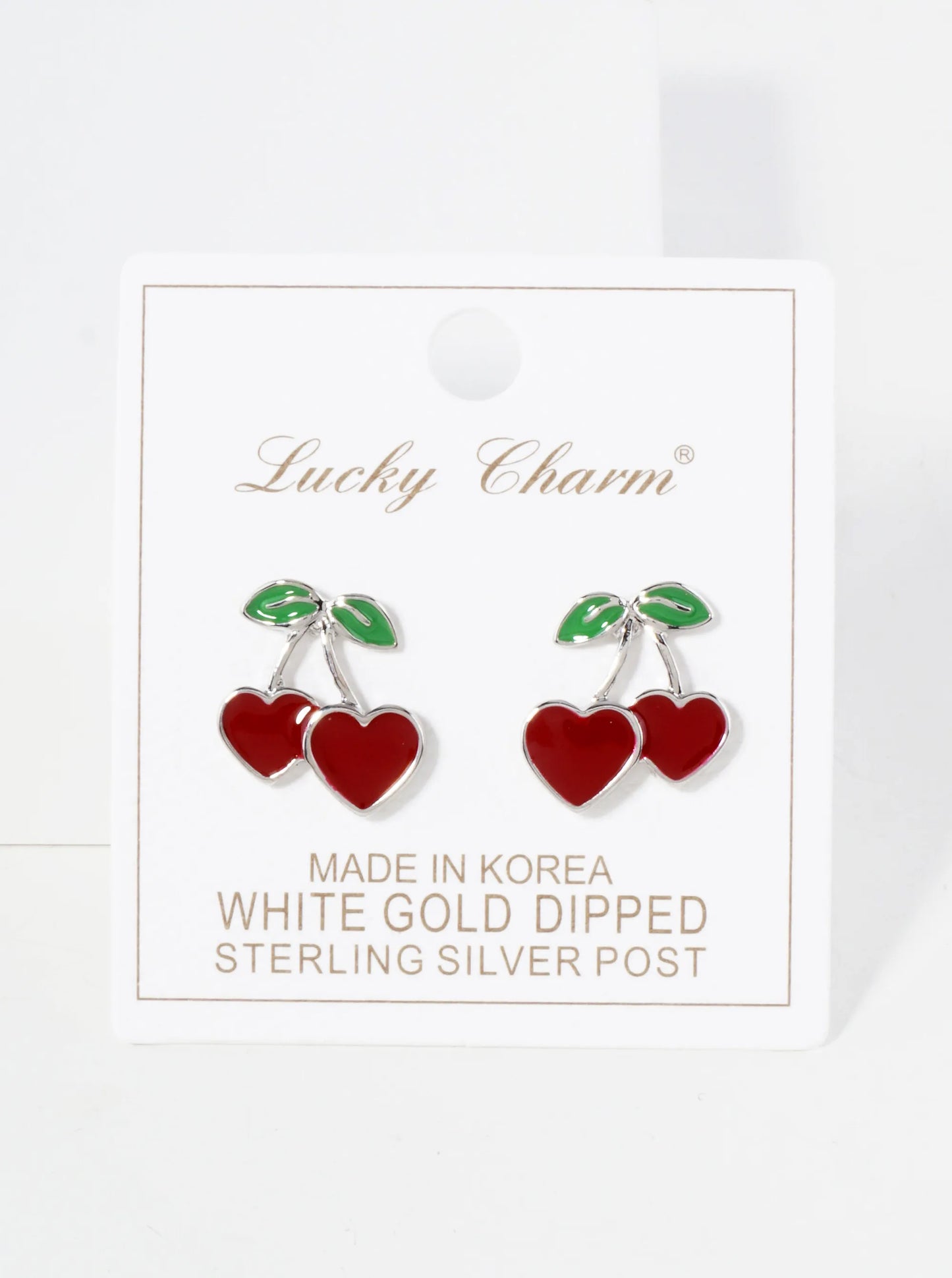 Enamel Filled Flat Heart Cherry 18K-Gold-Dipped Brass Stud Earrings