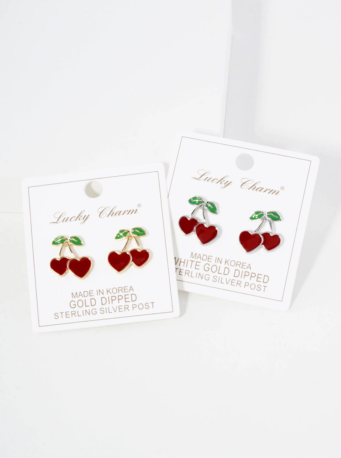 Enamel Filled Flat Heart Cherry 18K-Gold-Dipped Brass Stud Earrings