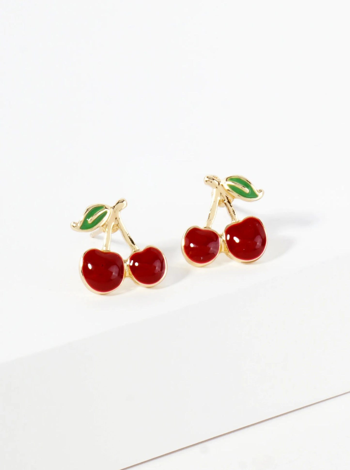 Enamel Filled Half-inch Cherry 18K-Gold-Dipped Brass Stud Earrings