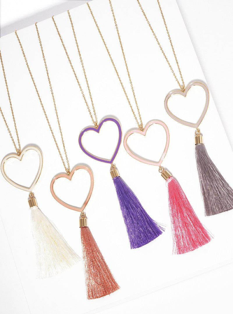 Enamel Filled Heart Shaped Pendant With Thread Tassel Long Necklace