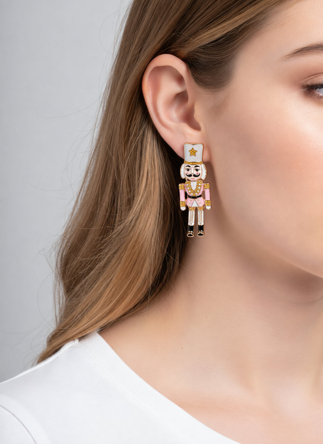Enameled Nutcracker Pearl Rhinestone Post Drop Ear