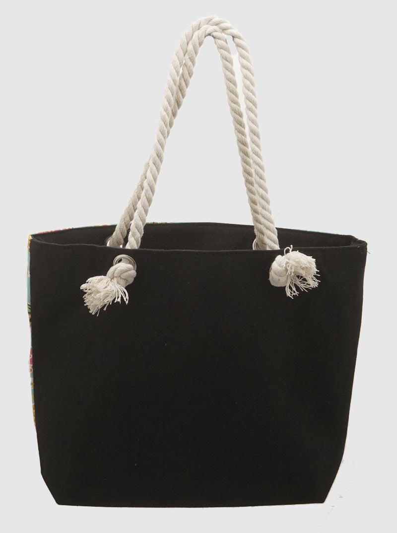 FLAMINGO FLORAL FLOWER TOTE BAG WITH ROPE HANDLE STRIPE