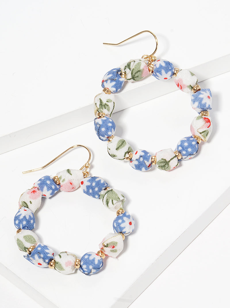 Fabric Wrapped Bead Circle Dangle Drop Earrings