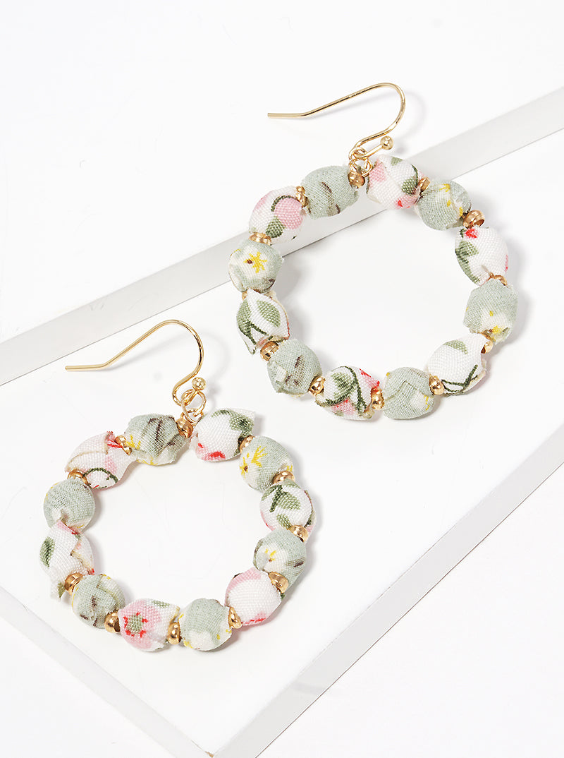 Fabric Wrapped Bead Circle Dangle Drop Earrings