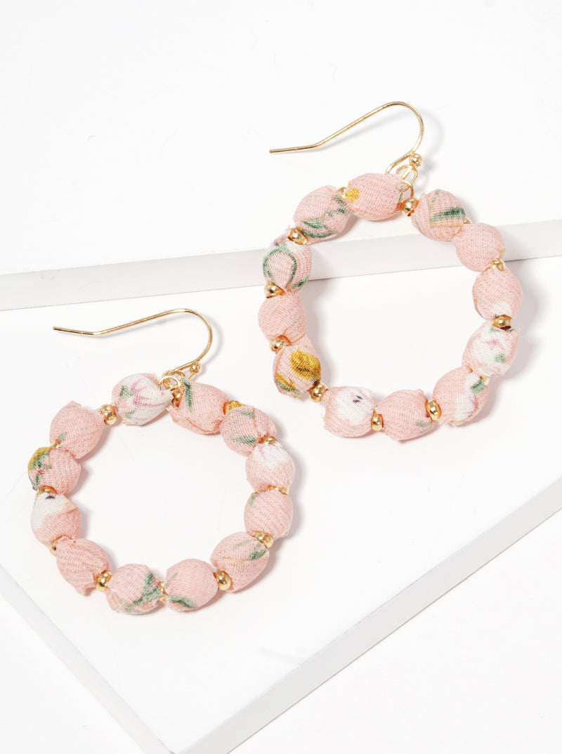 Fabric Wrapped Bead Circle Dangle Drop Earrings