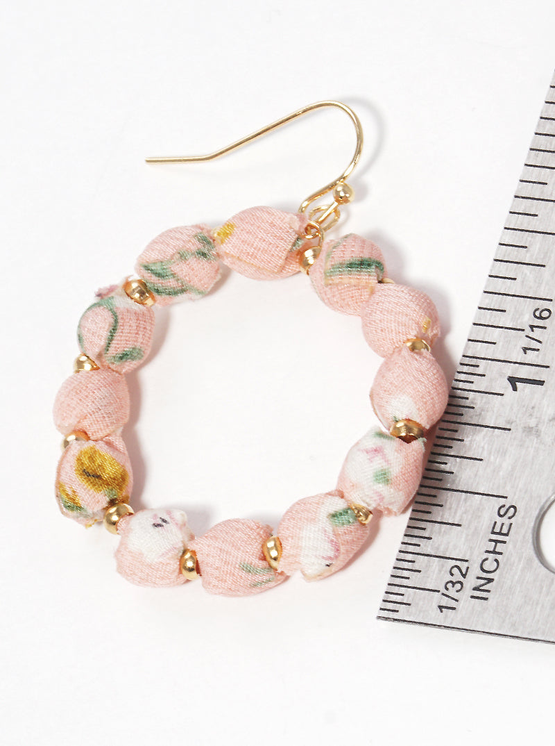 Fabric Wrapped Bead Circle Dangle Drop Earrings