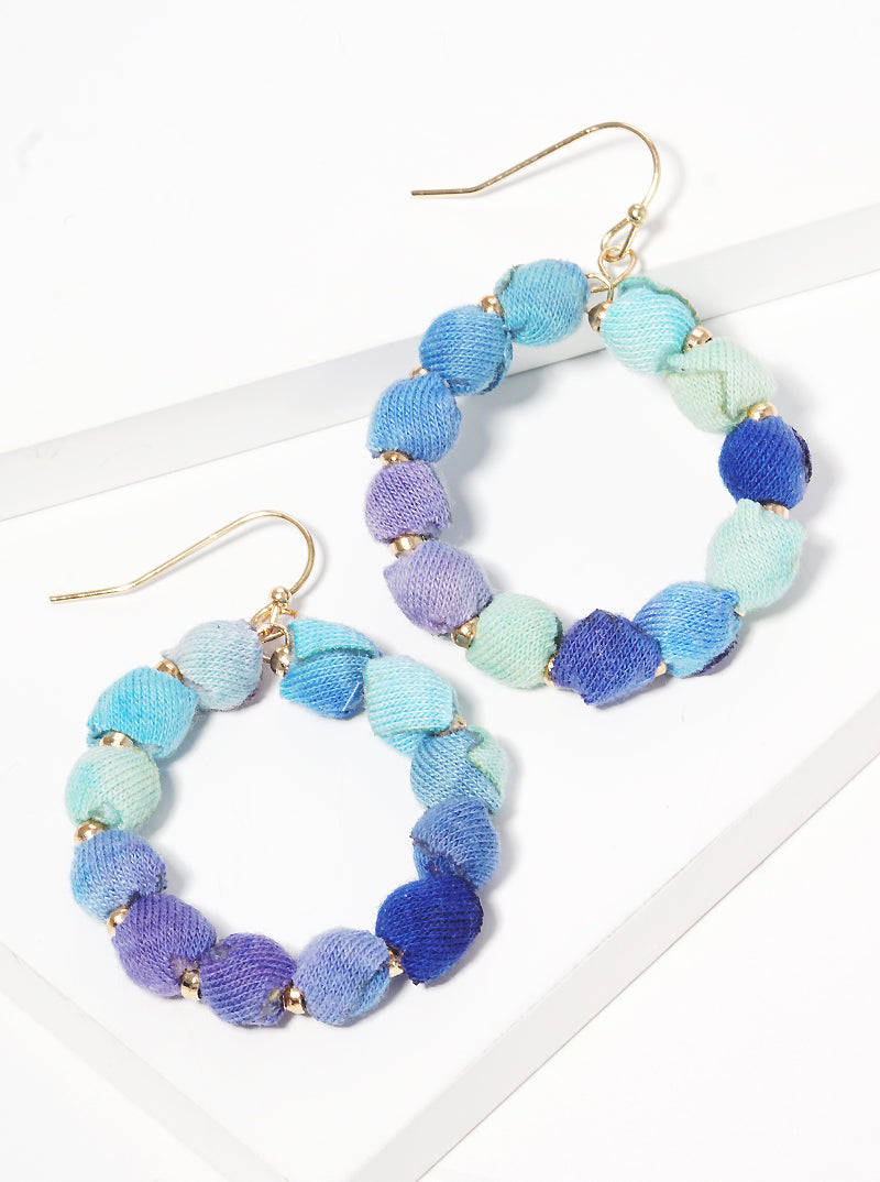 Fabric Wrapped Bead Circle Dangle Drop Earrings
