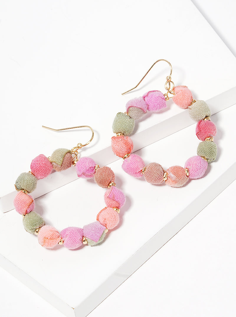 Fabric Wrapped Bead Circle Dangle Drop Earrings