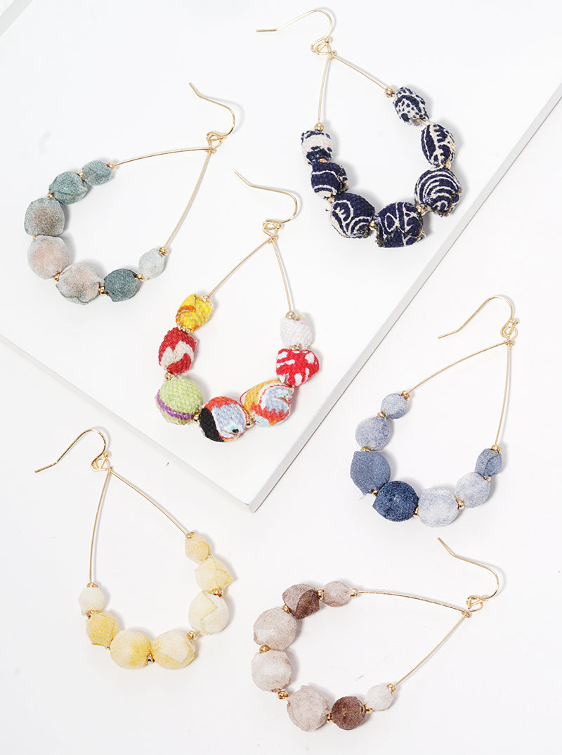 Fabric Wrapped Bead Teardrop Fishhook Dangle Drop Earrings