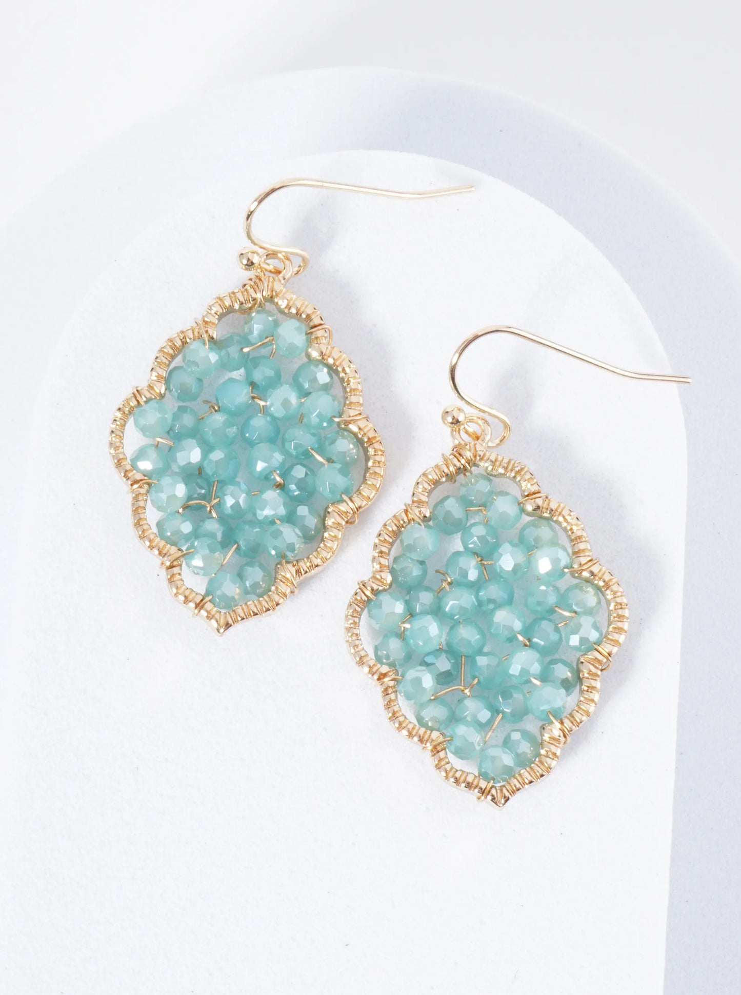 Faceted Glass Beads Wire Wrapped Moroccan Shape Dangle Earrings