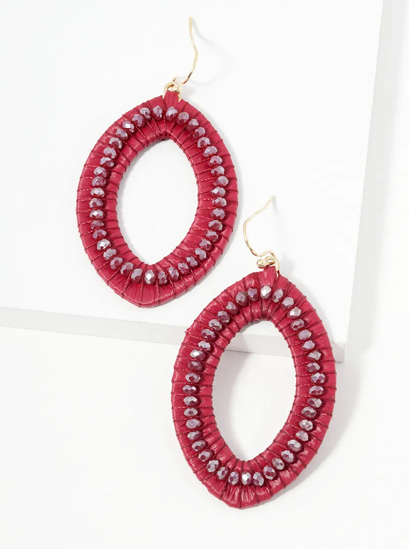 Faceted Glass Beads And Raffia Wrapped Marquise Dangle Drop Earrings