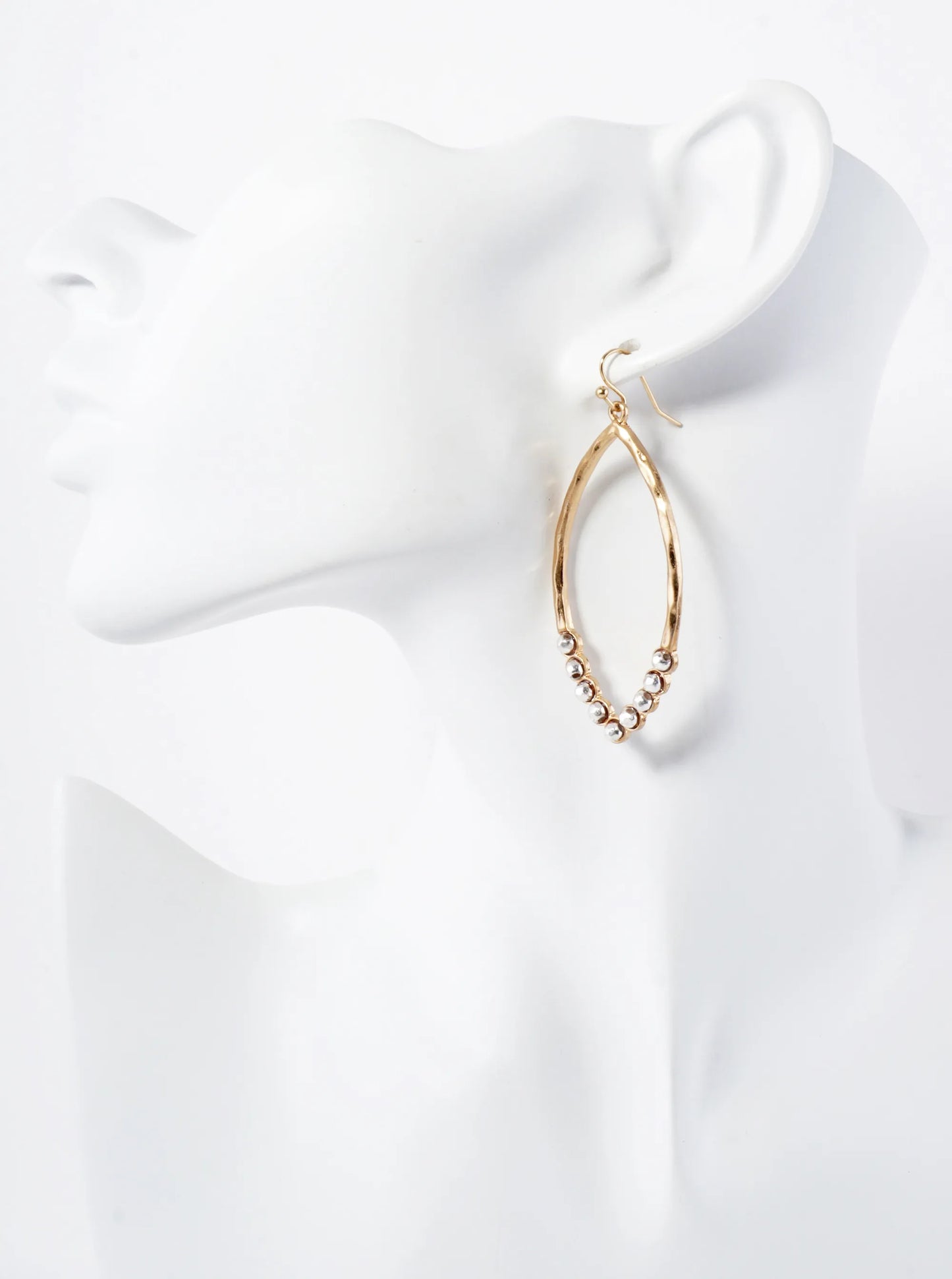 Faceted Metal Beaded Hammered-Texture Marquise-Shaped Dangle Earrings