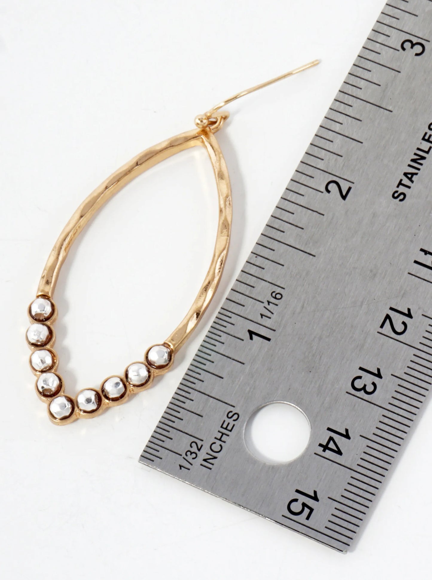Faceted Metal Beaded Hammered-Texture Marquise-Shaped Dangle Earrings
