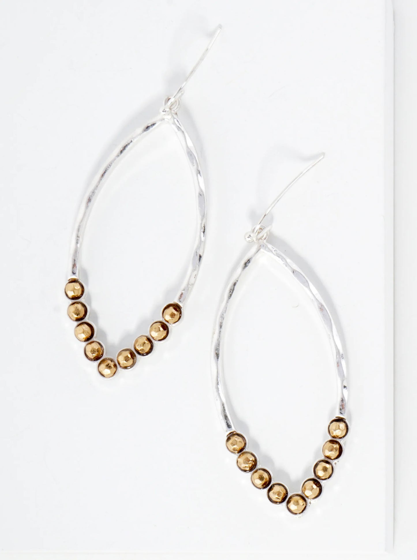 Faceted Metal Beaded Hammered-Texture Marquise-Shaped Dangle Earrings
