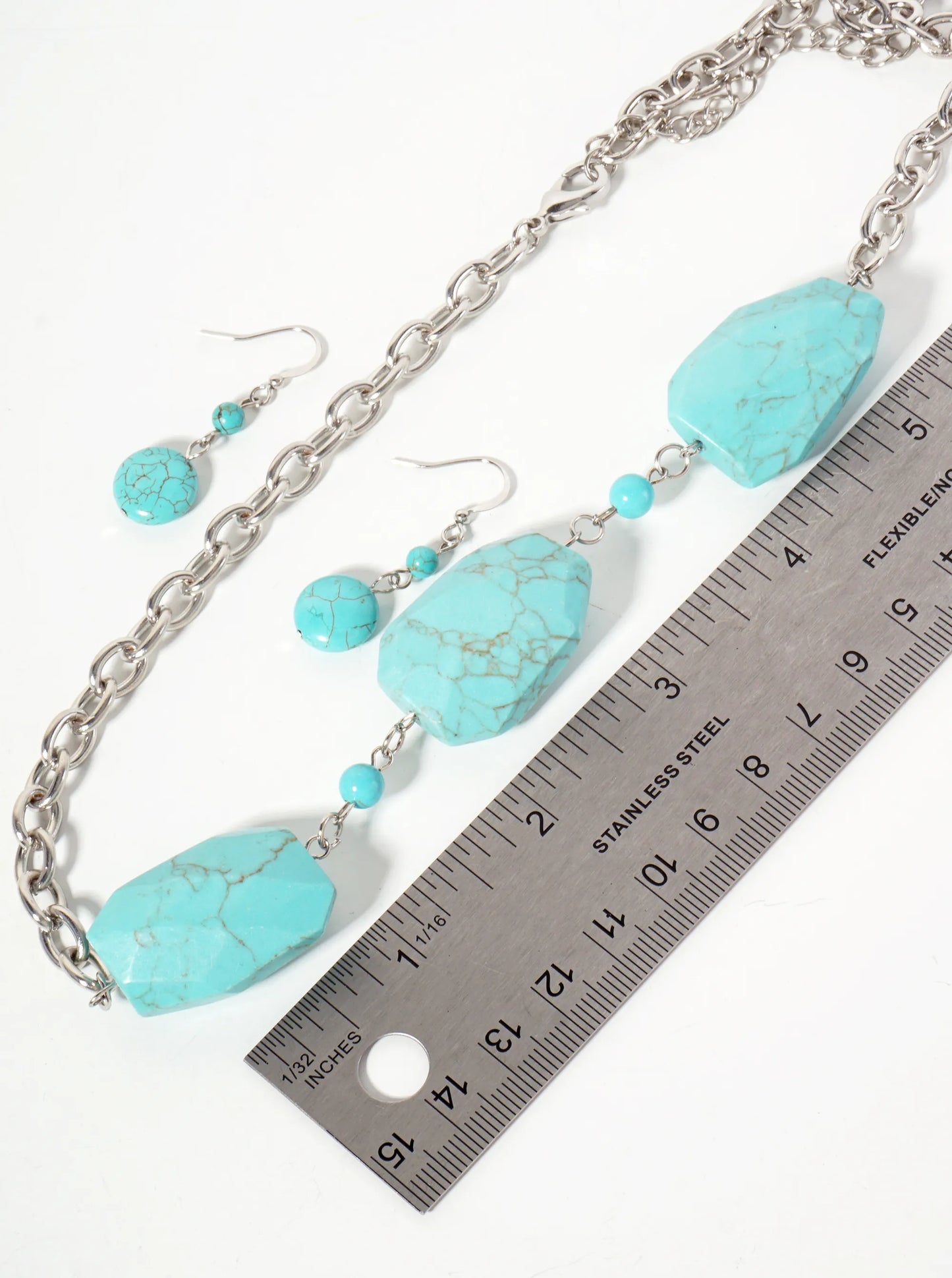 Faceted Three Turquoise Semi-Precious Natural-Stones Necklace Set-with-Earrings