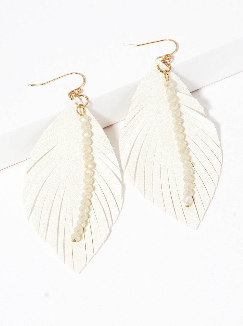 Faceted Glass Bead Drop Leatherette Feather Dangle Drop Earrings