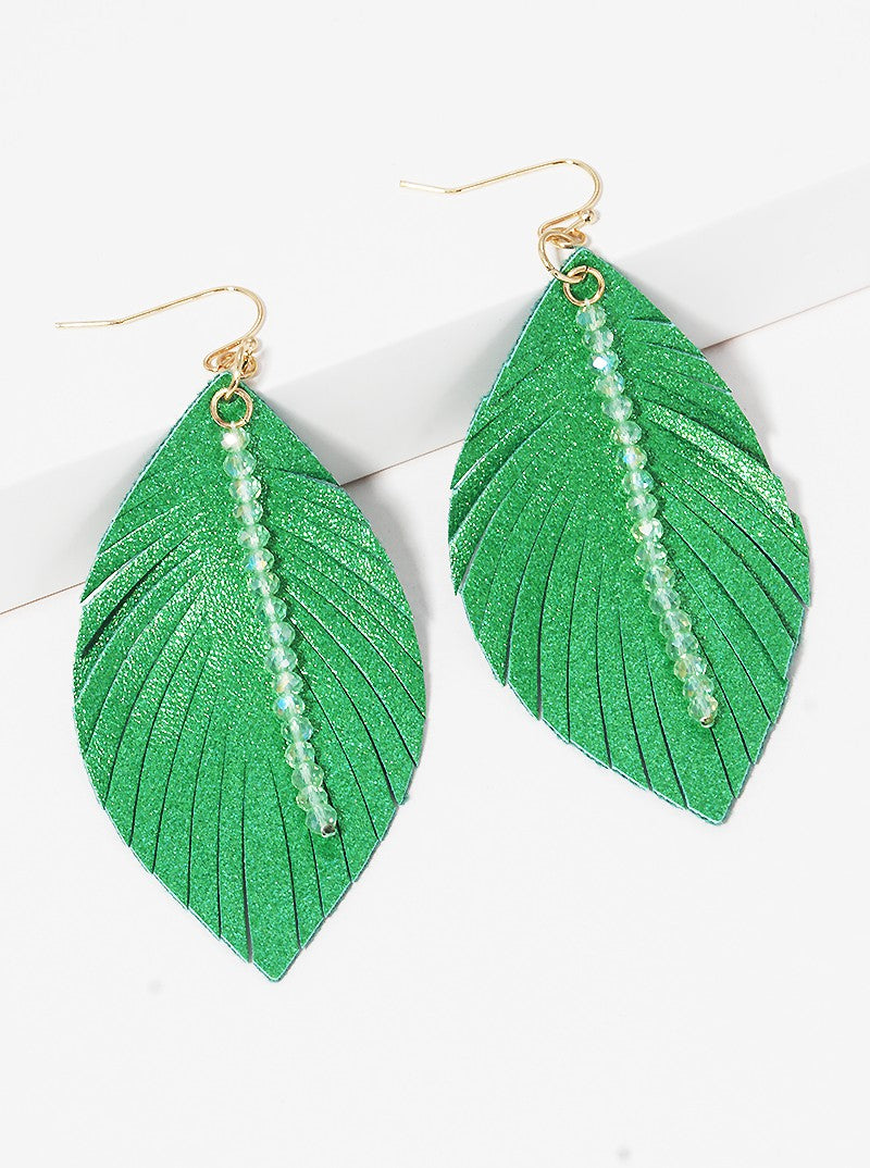 Faceted Glass Bead Drop Leatherette Feather Dangle Drop Earrings