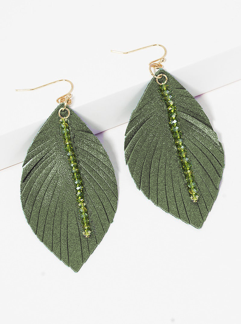 Faceted Glass Bead Drop Leatherette Feather Dangle Drop Earrings