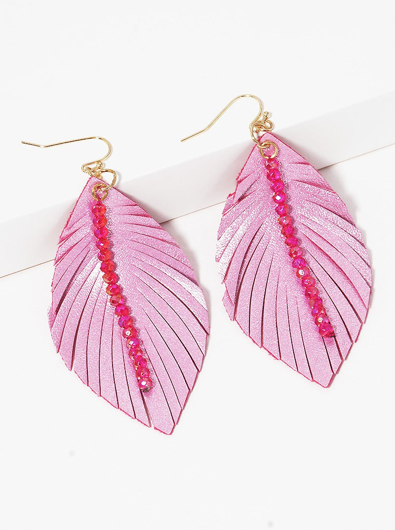 Faceted Glass Bead Drop Leatherette Feather Dangle Drop Earrings