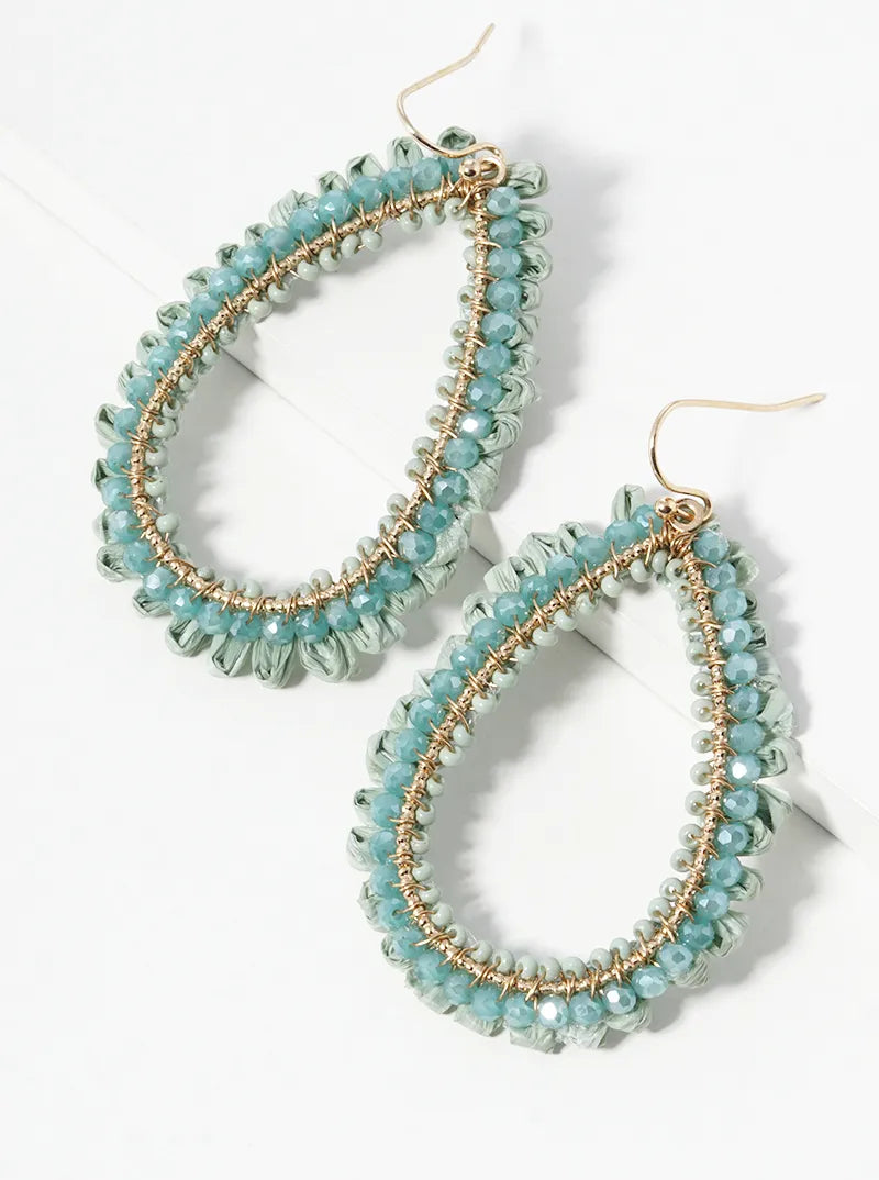 Faceted Glass Beaded Teardrop Raffia Dangle Drop Earrings