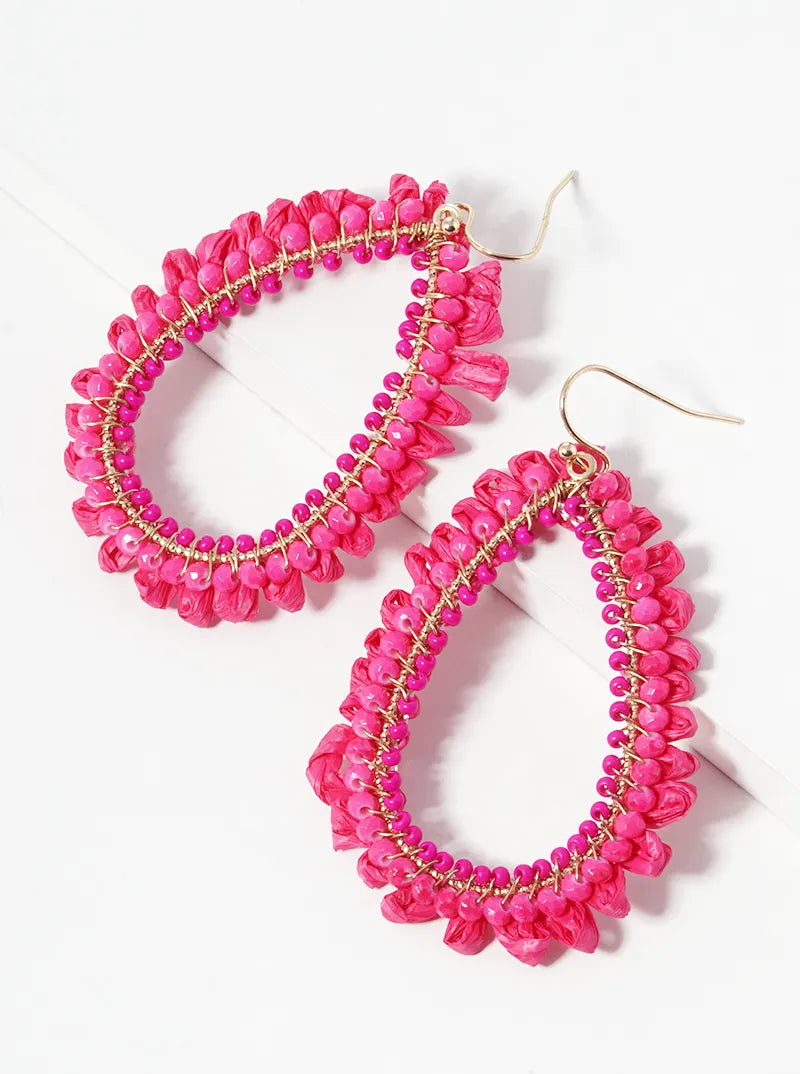 Faceted Glass Beaded Teardrop Raffia Dangle Drop Earrings